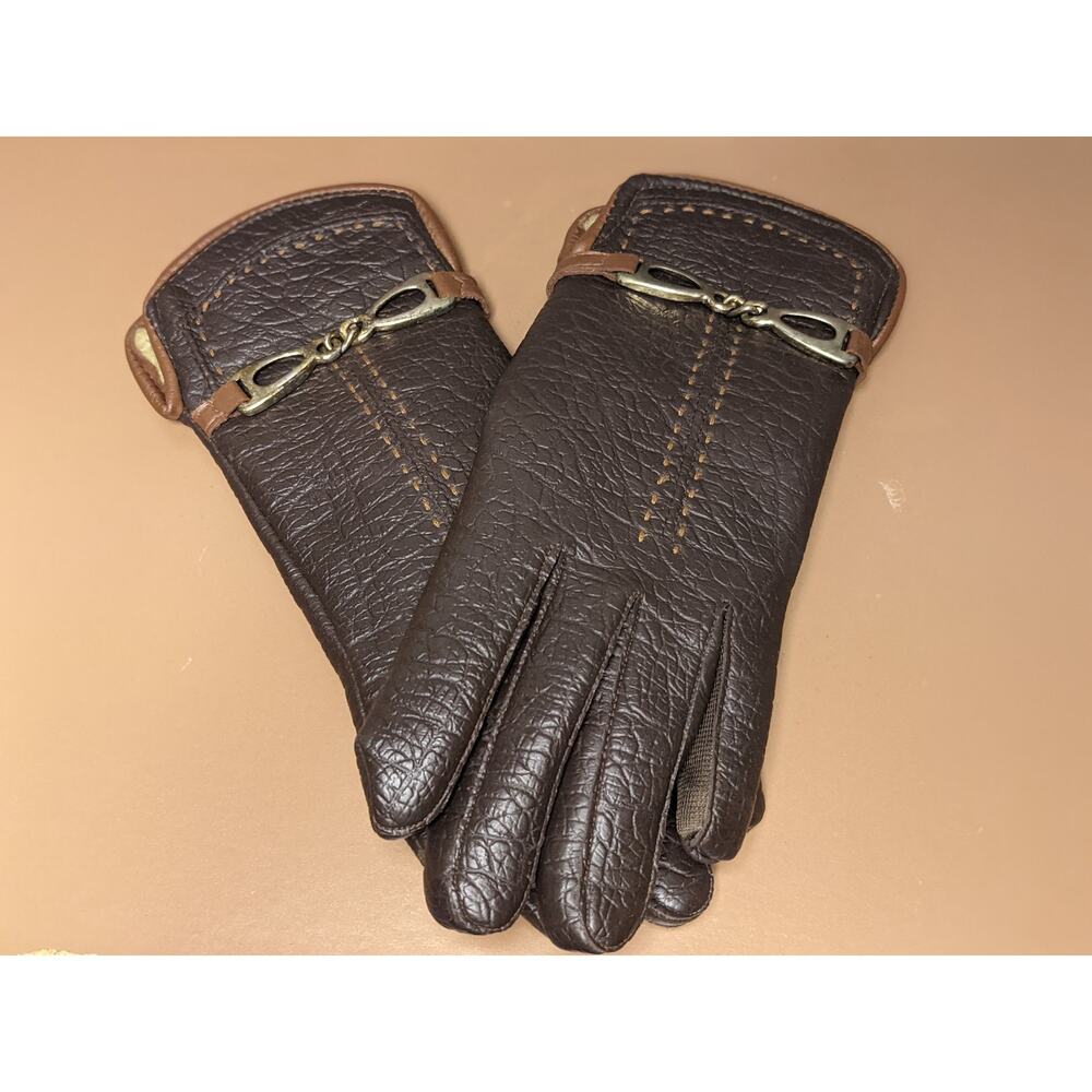 English Village Faux Leather VINTAGE Gloves Faux Fur Lined Size B Metal Accents